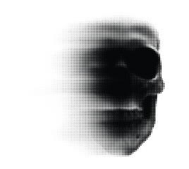 Vector halftone skull illustration made by black dots. Gradual dotted blur fade from left to right.