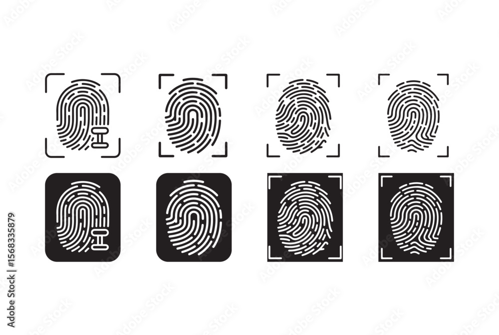 Poster collection of fingerprint icons for biometric identification and security scanning isolated on white