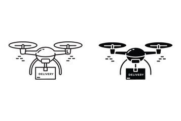 Two drone icons delivering packages with the word delivery on white background isolated on white background
