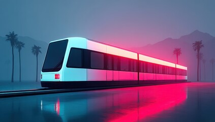 Naklejka premium Train in Neon Light with Palm Trees