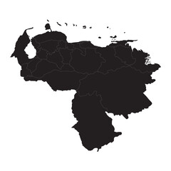 black silhouette map of venezuela with internal region borders isolated on white background, vector outline