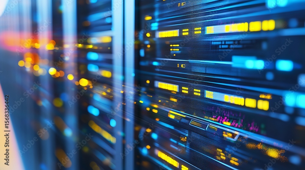 Poster high-tech server room depicting cloud computing and data storage