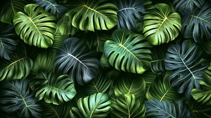 Lush green background with many leaves of various sizes. The leaves are green and brown, and they are spread out in a way that creates a sense of depth and dimension
