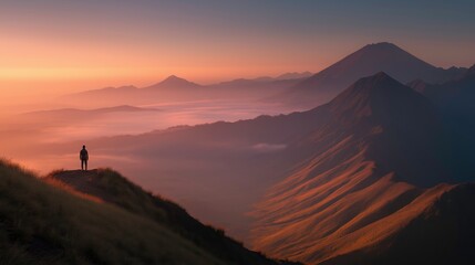 Solitary Hiker Standing on Mountain Ridge During Sunrise Over Misty Valleys and Volcanic Peaks