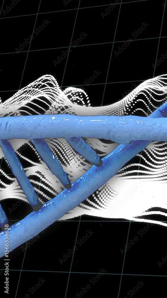 Poster dna strand over dynamic wave patterns and grid background, scientific data visualization
