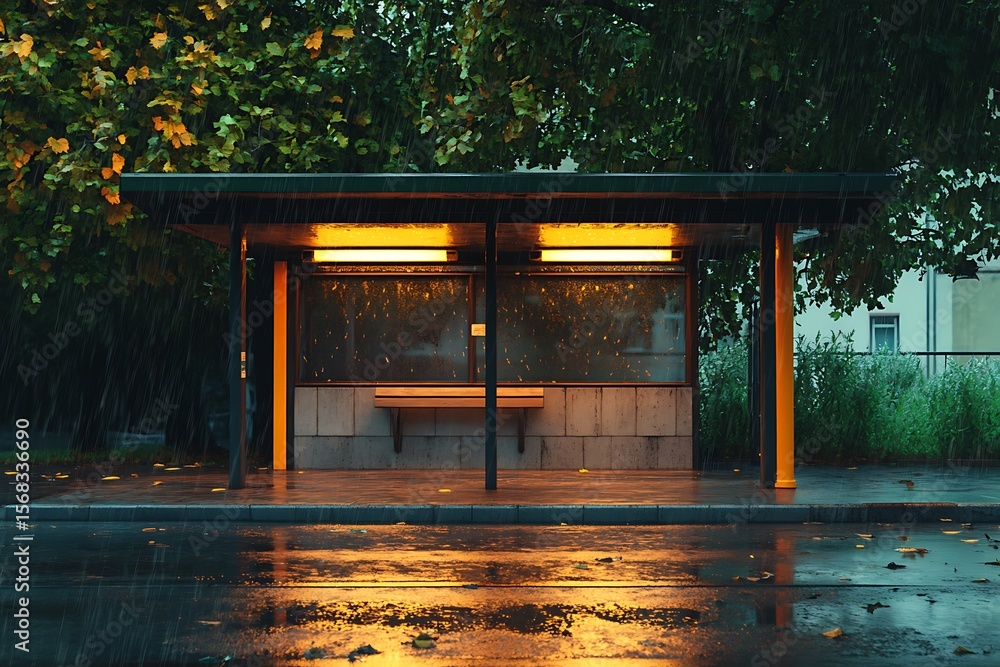 Poster an illuminated urban bus stop with concrete textures and raindrops collecting in corners
