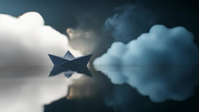 A small paper-folded boat gently floats on still, glass-like water, surrounded by a dreamy background of soft clouds. The scene evokes a sense of calm, imagination, and innocence, blending fantasy wit