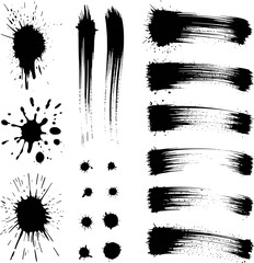 Black ink splashes and brush strokes graphic design elements collection splatter paint