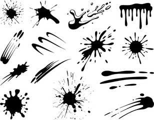 Black ink splatters and drips graphic design elements splash blot