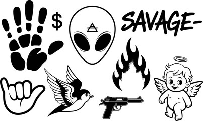 Hand alien dollar sign savage flames bird gun and cherub collection vector illustration