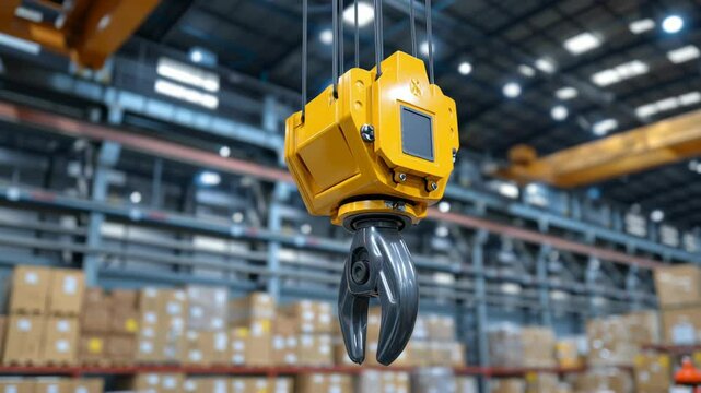 Industrial crane hook featuring gripping mechanism, suspended warehouse, highlights advanced technology for efficient lifting and heavy machinery