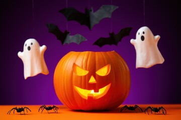 Halloween jack o lantern with ghosts and bats