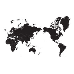 black silhouette world map centered on pacific rim with country borders, isolated on white, vector outline