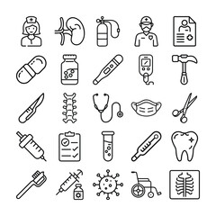 Medical Icons Healthcare Treatment and Diagnosis in a Line Art Style