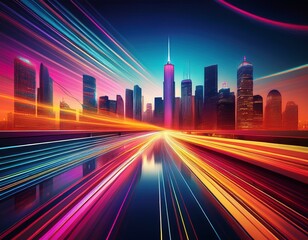 Obraz premium vibrant cityscape skyline with dynamic light trails abstract background