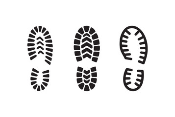 Three distinct black shoe print outlines on a white background isolated on white background