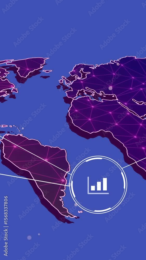 Poster world map with data charts and network connections, animation over blue background