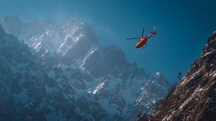 Fototapeta na wymiar Mountain rescue operation underway as helicopter hovers over snow-covered peaks in the distance