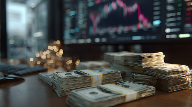 Stacks of cash on a trading desk with charts and graphs displayed on multiple screens in a financial office environment