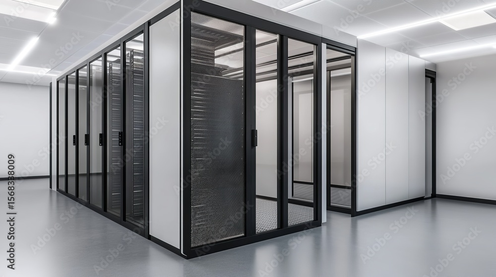 Poster high-tech server room depicting cloud computing and data storage