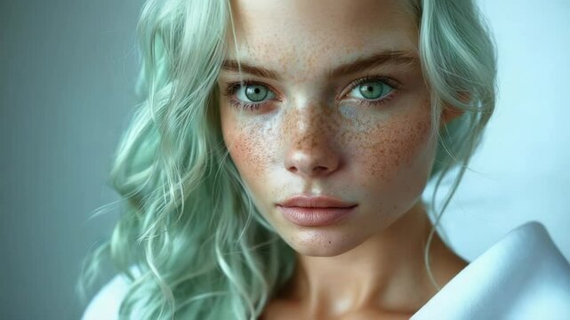 Portrait of a freckled woman is presented with a striking yet natural freckled woman. A freckled woman with serene expression, light green hair,