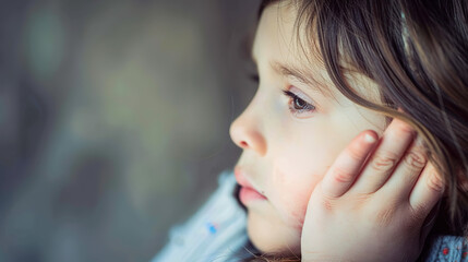Close-up of a young child being examined for a potential ear infection. The child shows a worried expression while an adult gently holds their ear, suggesting discomfort or pain. Ideal for illustratin