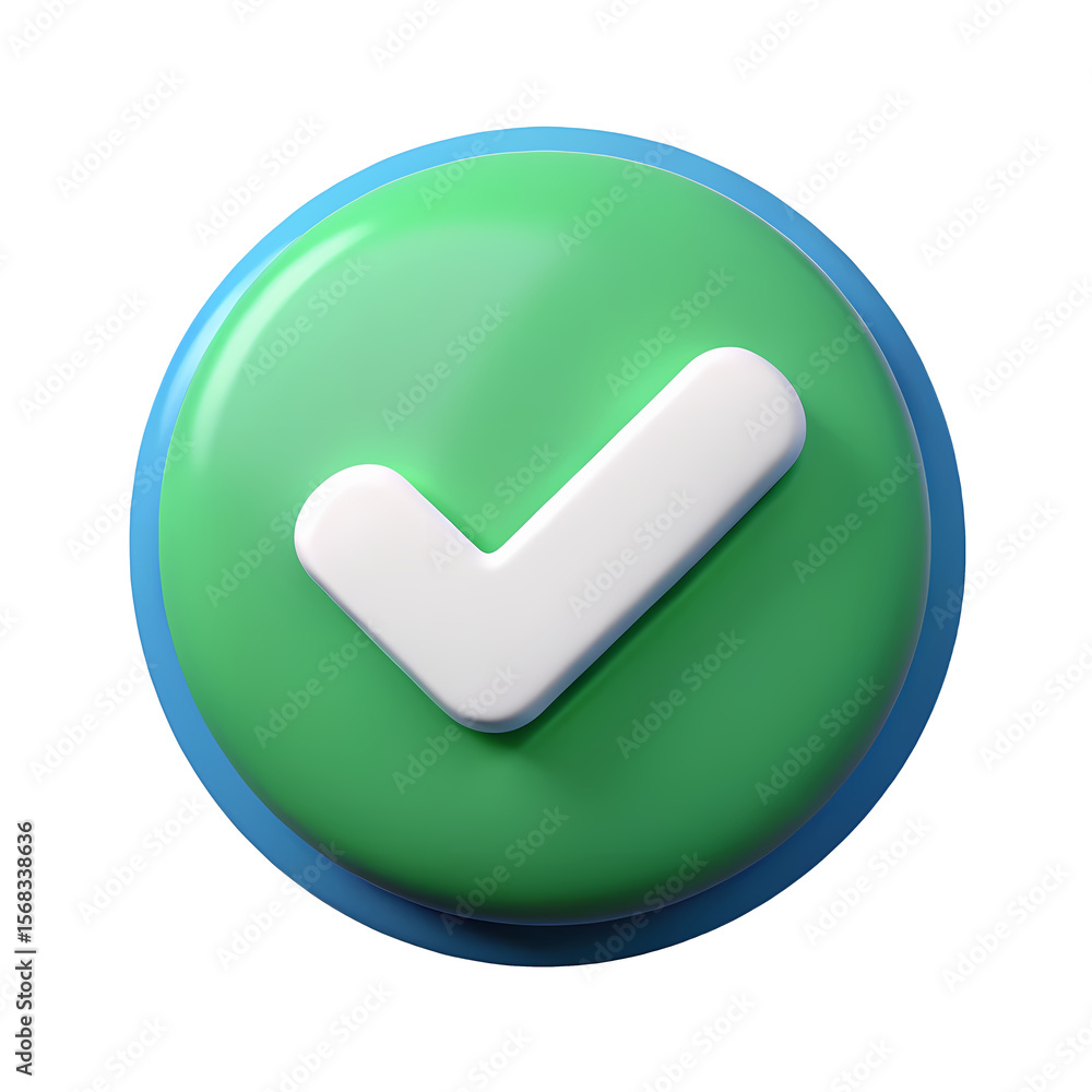 Fototapete 3d rendered check mark icon on green and blue circular button with transparent background for web pr