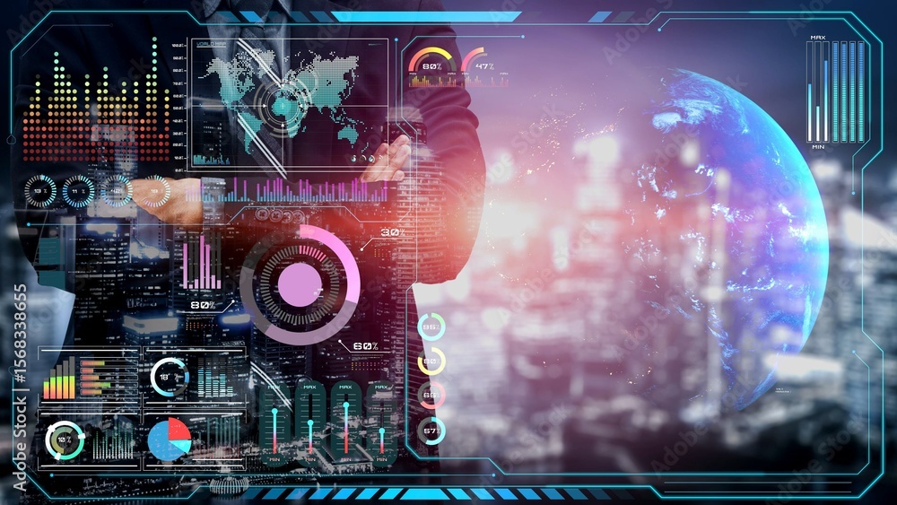 Poster high-tech global network connection interface showing worldwide digital communication, data exchange