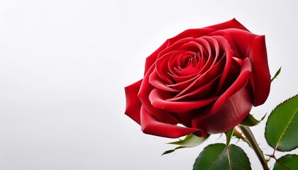 close up of a single red rose with green stem and leaves on a white background copy space isolated