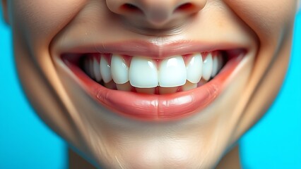 Bright white teeth with a radiant smile against a clean blue gradient background.
