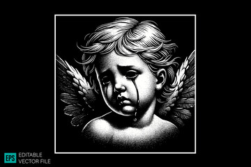 cupid sculpture scary creepy style tattoo dark art illustration vector black and white background templates