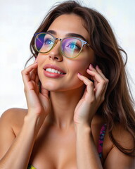 Fototapeta premium Smiling young woman with long wavy hair, wearing stylish transparent glasses, perfect for beauty and eyewear advertising