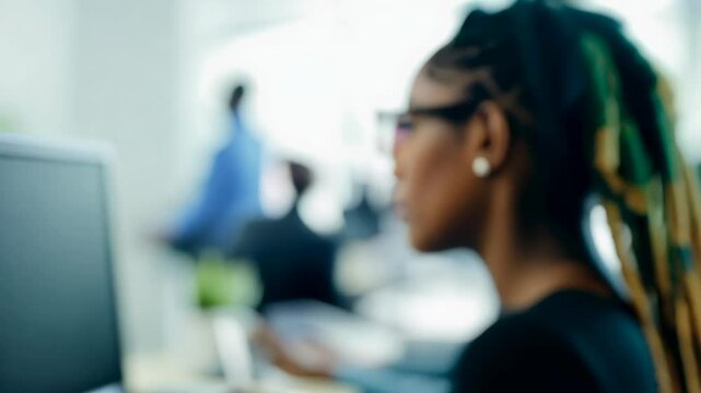 Young African American woman with multi colored dread locks in front of laptop monitor in office. Captured in close-up, her engagement with the laptop highlights her expertise.