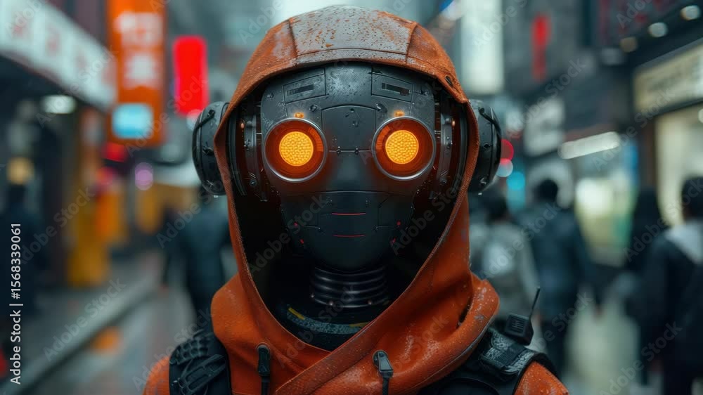Poster robot in city scene with humanoids blurred on background, robot showing in urban area. robot with re
