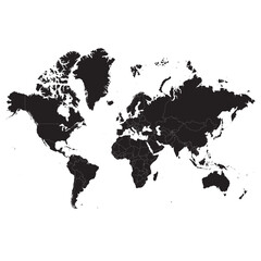black silhouette world map with russia split into europe and asia regions, isolated on white, vector outline