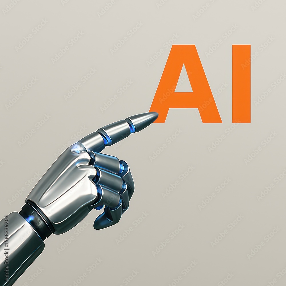 Aufkleber a robotic hand, sleek and metallic, points towards the letters 
