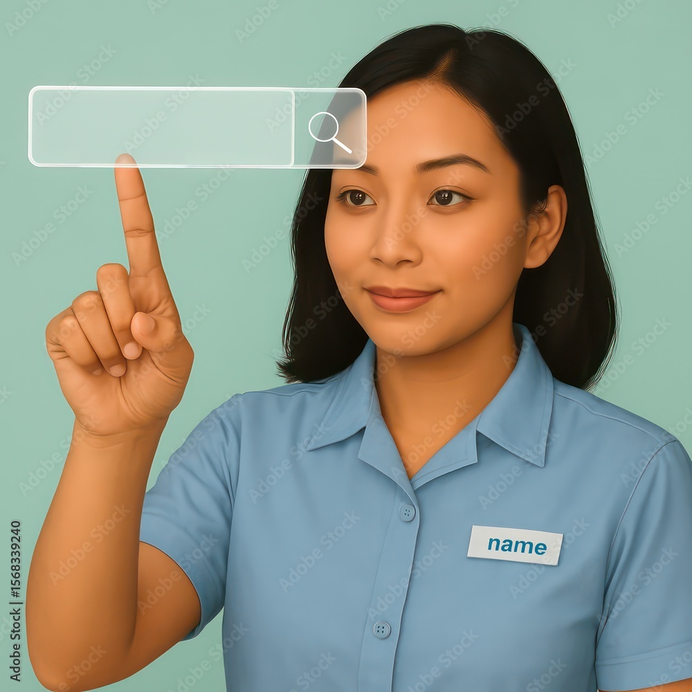 Poster a diligent and attentive individual, interacting with a digital search bar in a modern interface, em