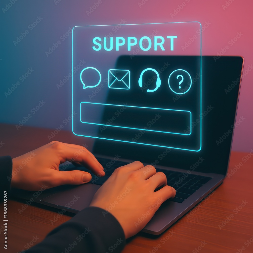 Poster a person interacting with an illuminated support interface on a laptop, set against a background of 