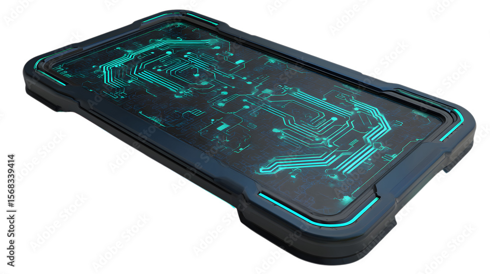 Poster futuristic circuit board design with glowing cyan lines on a dark metallic frame isolated on transpa
