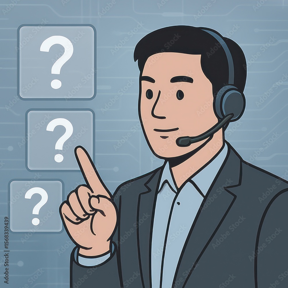 Poster a support professional pointing to a series of question mark icons, highlighting the essence of cust