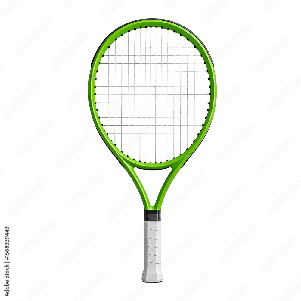 Poster vibrant green tennis racket with soft lighting floating on a transparent background