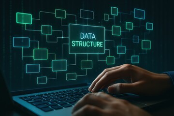 A programmer's hands poised over a laptop, interacting with a futuristic, data structure interface. Representing the core of digital technology.