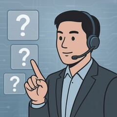A support professional pointing to a series of question mark icons, highlighting the essence of customer service. It's designed to symbolize guidance and solution provision in an engaging manner.