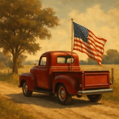 A vintage red truck proudly displays the American flag on a sun-drenched, countryside dirt road. The scene is patriotic and Americana.