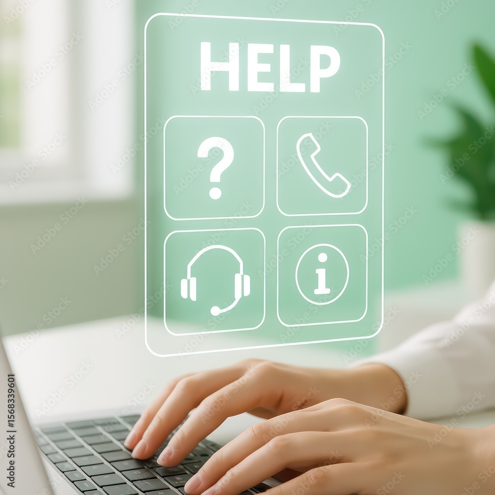 Poster an image showcasing a person engaging with digital customer service through a virtual assistance int