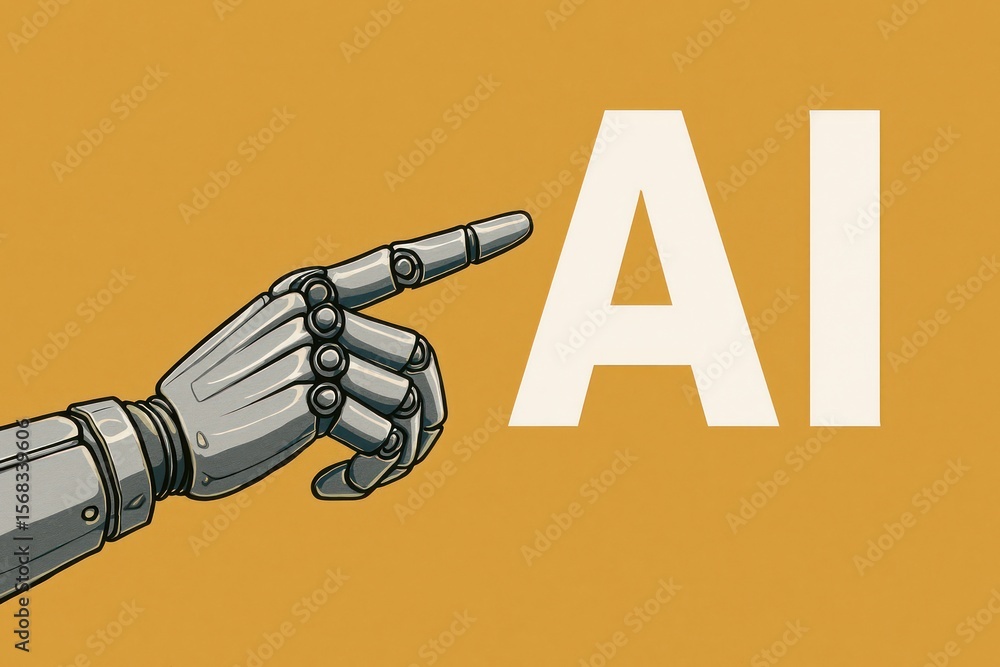Poster a digital depiction of an ai robotic arm pointing at ai text on a golden background. emphasizing inn