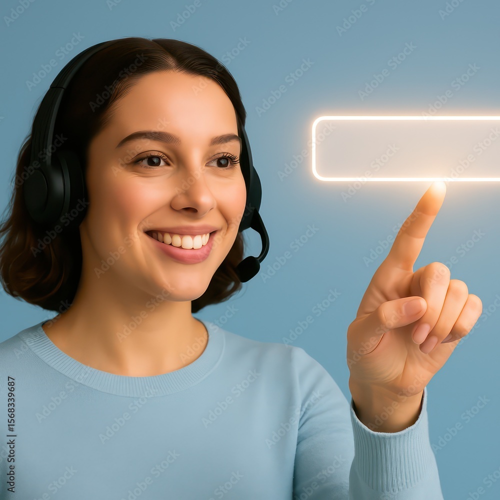Poster a professional support representative points to an illuminated blank digital interface, communicatin