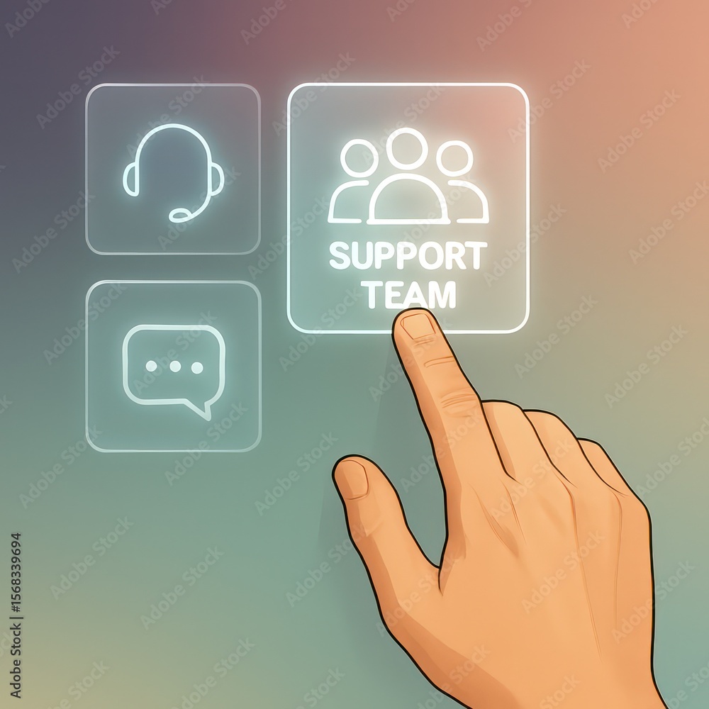 Poster a hand interacts with a support team interface, highlighting user assistance.