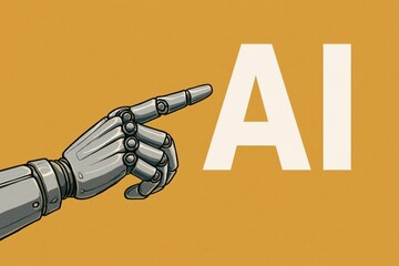 A digital depiction of an AI robotic arm pointing at AI text on a golden background. Emphasizing innovation, technological advancement, and the future of artificial intelligence.
