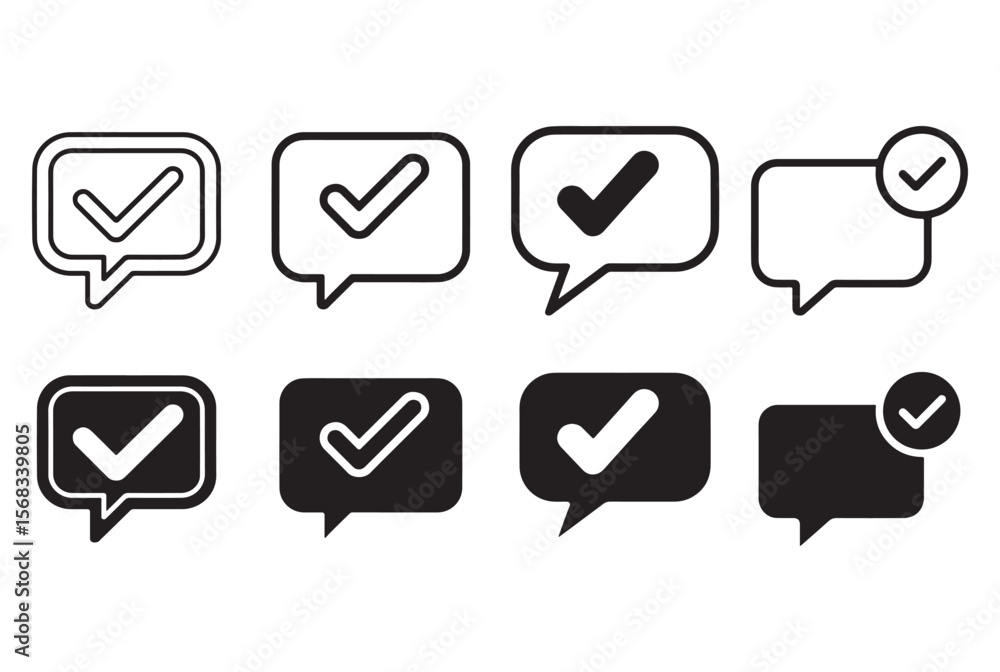 Poster collection of speech bubble icons with checkmarks isolated on white background